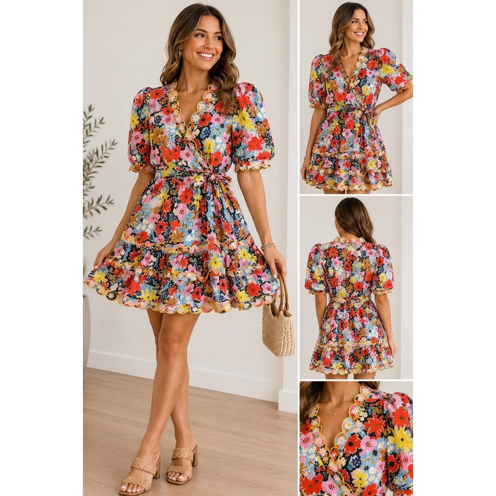 Celia B Floral Puff Sleeve Mini Dress Embroidered Scallop Trim Wrap Size L